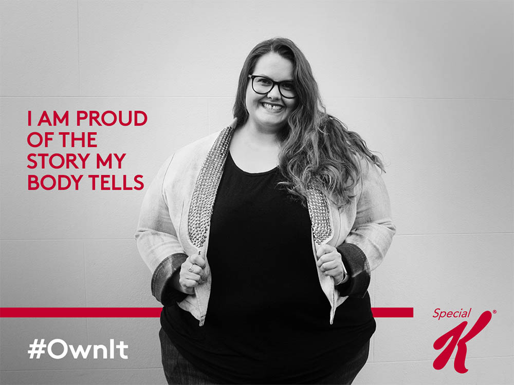 Special K advertisement poster of a young plus-size woman with the words 'I am proud of the story my body tells'